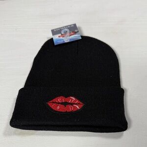 Black Beanie with Red Lips Embroidery